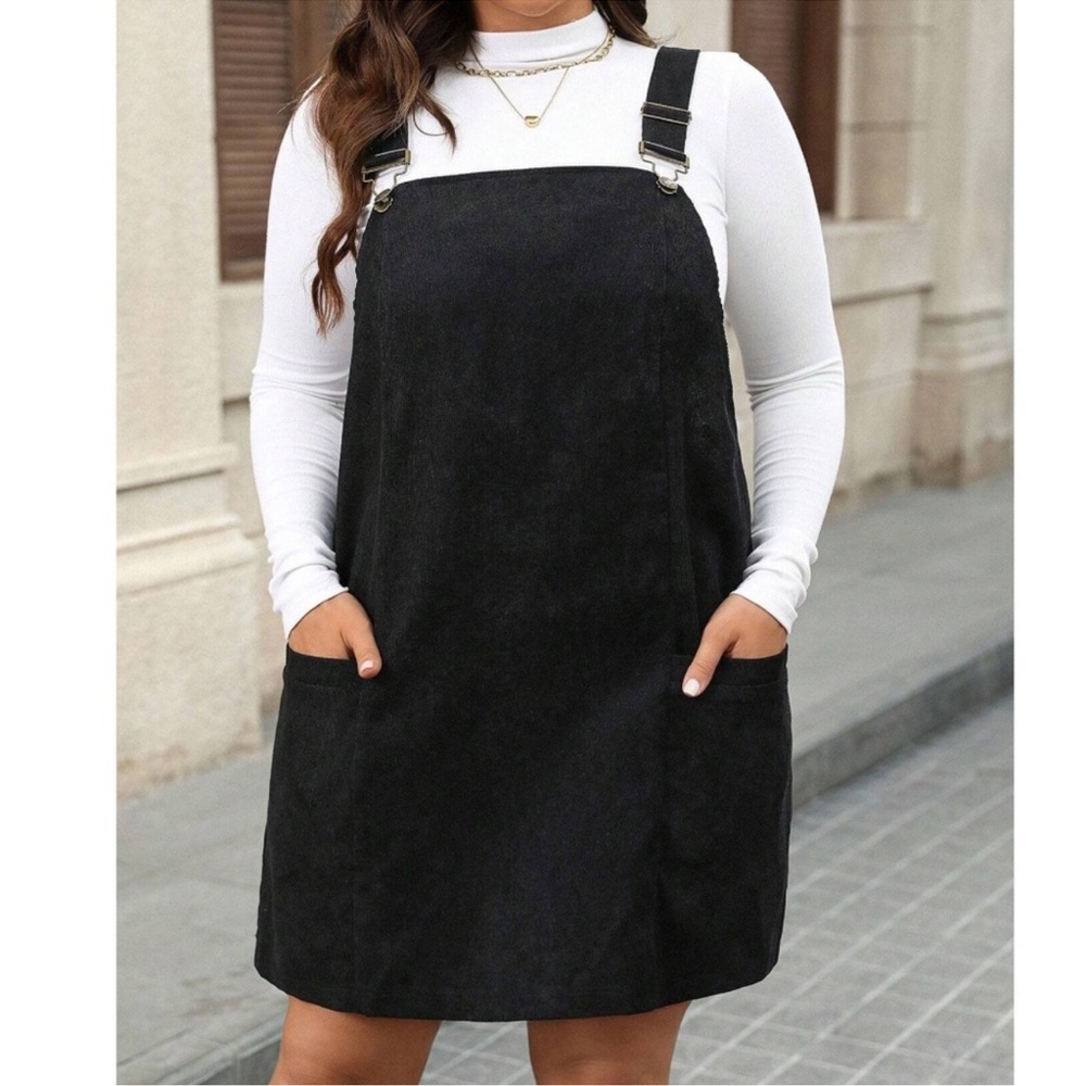Plus Solid Black Pockets Corduroy Mini Dress 1x 2… - image 1